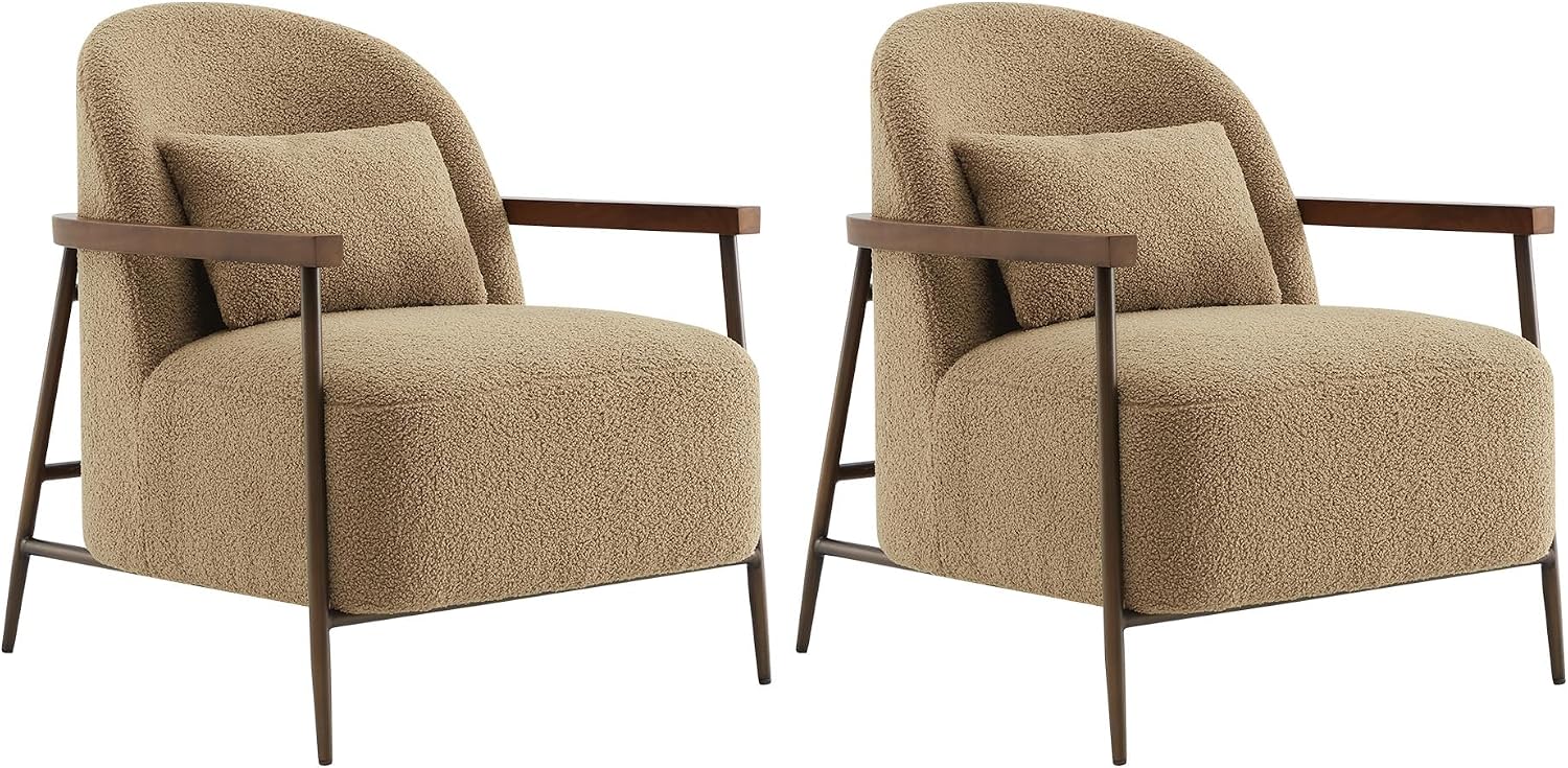 CHITA Accent Chair Set of 2, Sherpa Armchair with Wooden Armrest, Camel | Metal Frame, FSC Certified Living Room Chair for Bedroom, Office, Premium Resilient Foam, 31.9"x27.2"x32.1", 350 Lbs Capacity