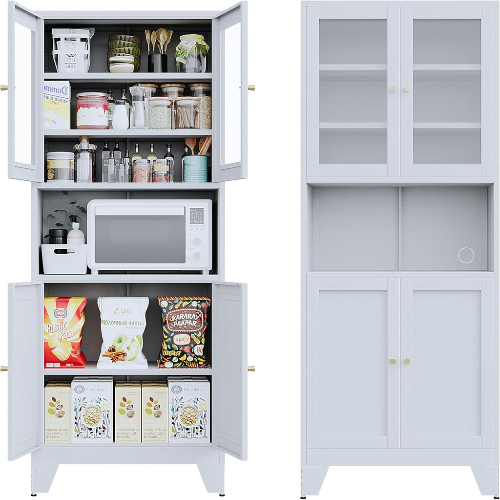 69" Tall Metal Pantry Cabinet with Microwave Stand,Microwave Storage Cabinet with 4 Doors & 3 Adjustable Shelves for Kitchen (4 Glass Doors-White, 13.78" D x 27.54" W x 68.9" H)