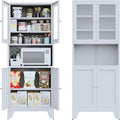 69" Tall Metal Pantry Cabinet with Microwave Stand,Microwave Storage Cabinet with 4 Doors & 3 Adjustable Shelves for Kitchen (4 Glass Doors-White, 13.78" D x 27.54" W x 68.9" H)