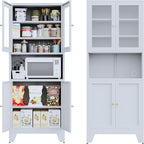 69" Tall Metal Pantry Cabinet with Microwave Stand,Microwave Storage Cabinet with 4 Doors & 3 Adjustable Shelves for Kitchen (4 Glass Doors-White, 13.78" D x 27.54" W x 68.9" H)