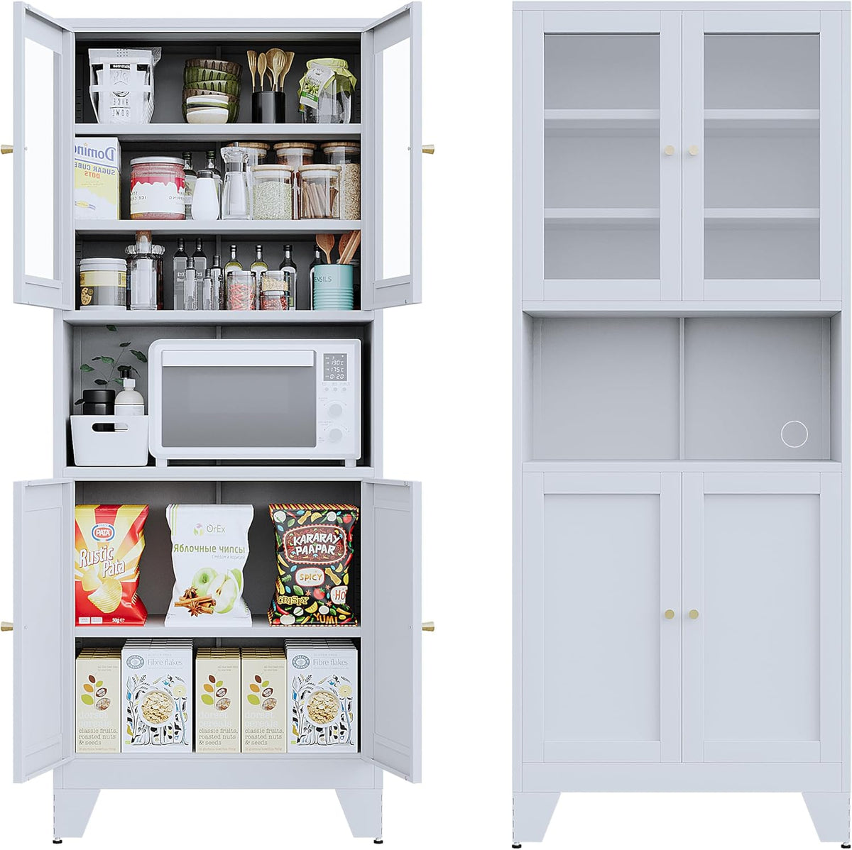 69" Tall Metal Pantry Cabinet with Microwave Stand,Microwave Storage Cabinet with 4 Doors & 3 Adjustable Shelves for Kitchen (4 Glass Doors-White, 13.78" D x 27.54" W x 68.9" H)