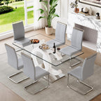 gopop Dining Table Set for 6, 7-Piece Glass Table with 6 PU Leather Chairs | 63" Rectangular Tempered Glass Table, Modern White and Sliver Base, High-Back Chairs for Dining Room and Kitchen