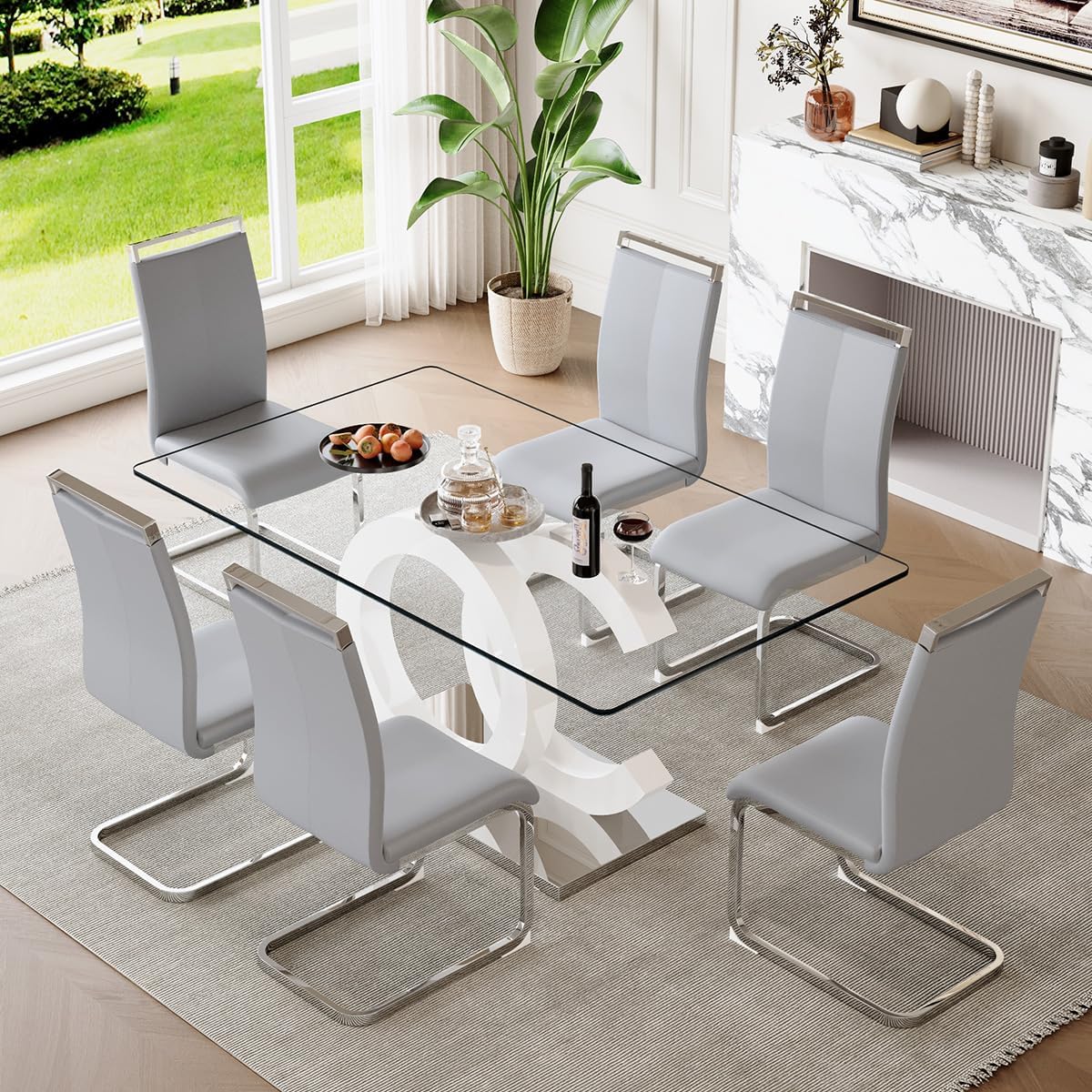 gopop Dining Table Set for 6, 7-Piece Glass Table with 6 PU Leather Chairs | 63" Rectangular Tempered Glass Table, Modern White and Sliver Base, High-Back Chairs for Dining Room and Kitchen