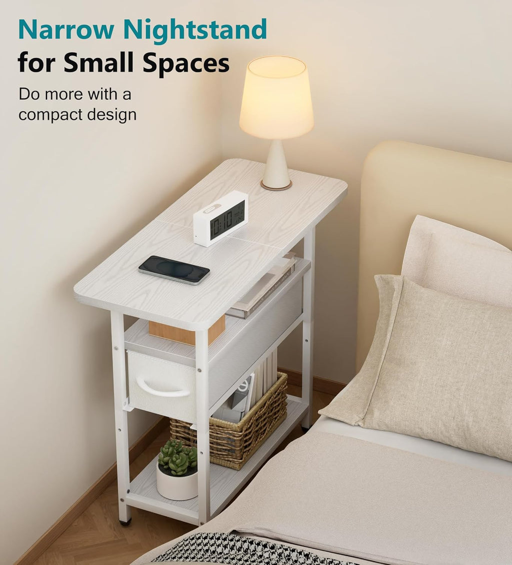 AOODA Narrow Nightstand with Drawers, 3 Tier Skinny Bedside Table for Bedroom, Slim Living Room End Tables with Storage for Small Spaces, Sofa Couch (White)