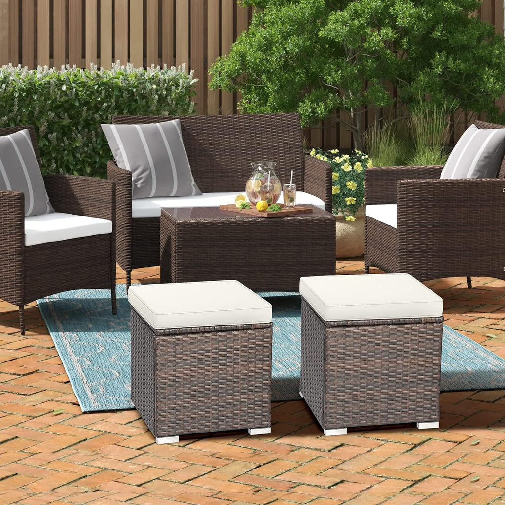 ORALNER 16" Outdoor Ottoman, Set of 2 Wicker Ottoman with Storage, All-Weather Rattan Cube Footstool w/Removable Cushions, Square Foot Rest Seating for Patio, Porch, Deck, Easy Assembly (Cream)