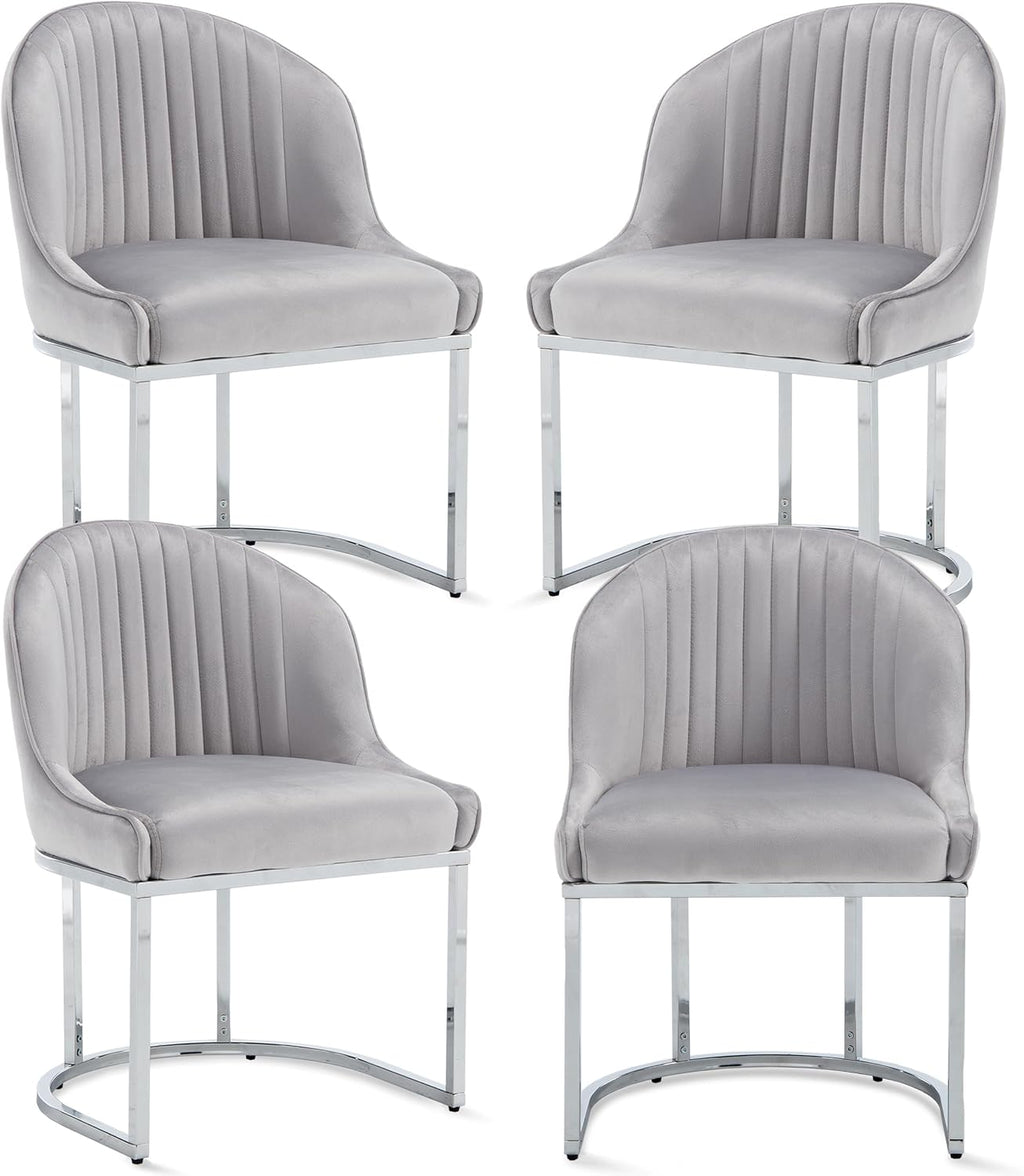 Velvet Dining Chairs Set of 4, Modern Upholstered Barrel Dining Chairs with Chrome U-Shaped Base, 18.5" Wide Accent Chairs Dressing Chair Lounge Chair, Grey