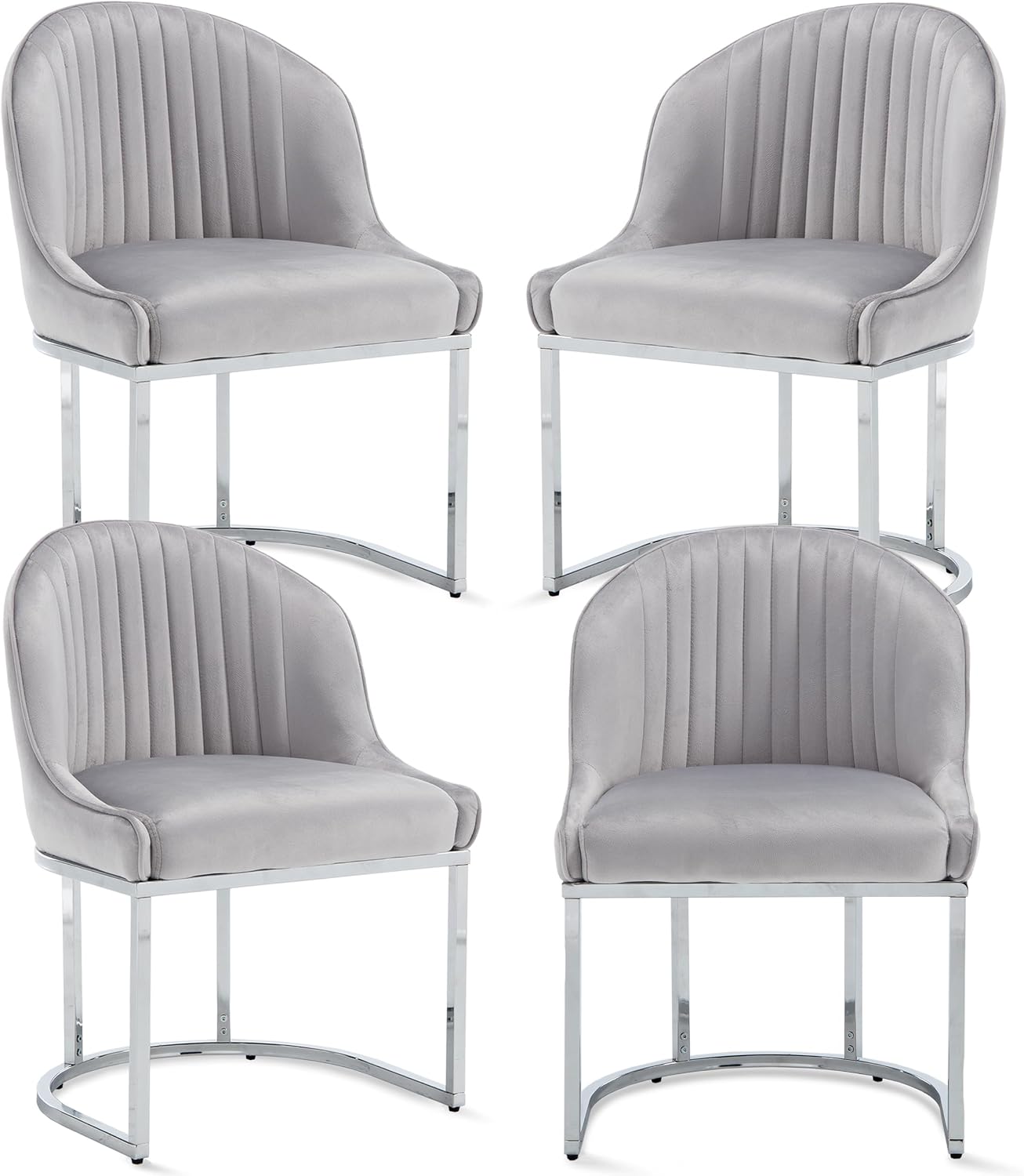 Velvet Dining Chairs Set of 4, Modern Upholstered Barrel Dining Chairs with Chrome U-Shaped Base, 18.5" Wide Accent Chairs Dressing Chair Lounge Chair, Grey