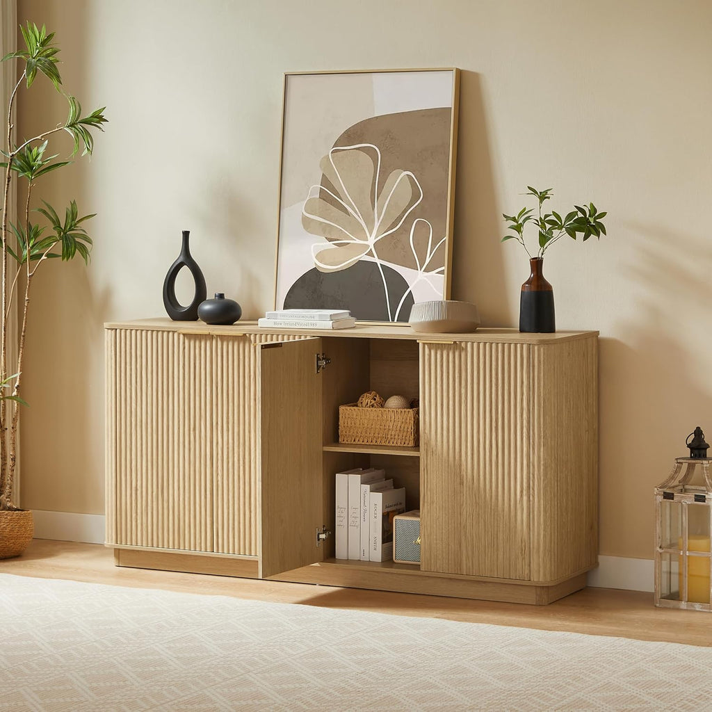 63" Oak Vertical Fluted Sideboard Buffet Cabinet - Modern Storage Cabinet with 4 Doors & Adjustable Shelves for Dining Room, Kitchen & Coffee Bar