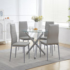 Round Glass Dining Room Set for 4 Modern Clear Silver Kitchen Table and Faux Leather Grayish Chairs Set Compact 5-Pieces Dining Table with Chair Set for Small Space/Apartment