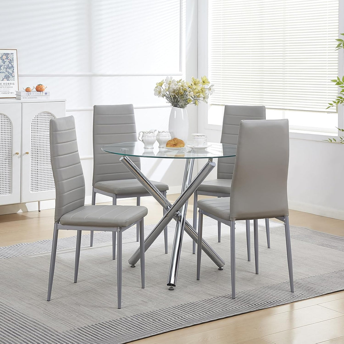 Round Glass Dining Room Set for 4 Modern Clear Silver Kitchen Table and Faux Leather Grayish Chairs Set Compact 5-Pieces Dining Table with Chair Set for Small Space/Apartment