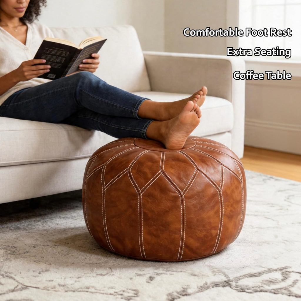 Thgonwid Round Unstuffed Pouf Cover, Faux Leather Storage Ottoman, Boho Moroccan Foot Stool, Multi-Purpose Home Decor for Living Room, Bedroom and Balcony, Brown, No Filling Included
