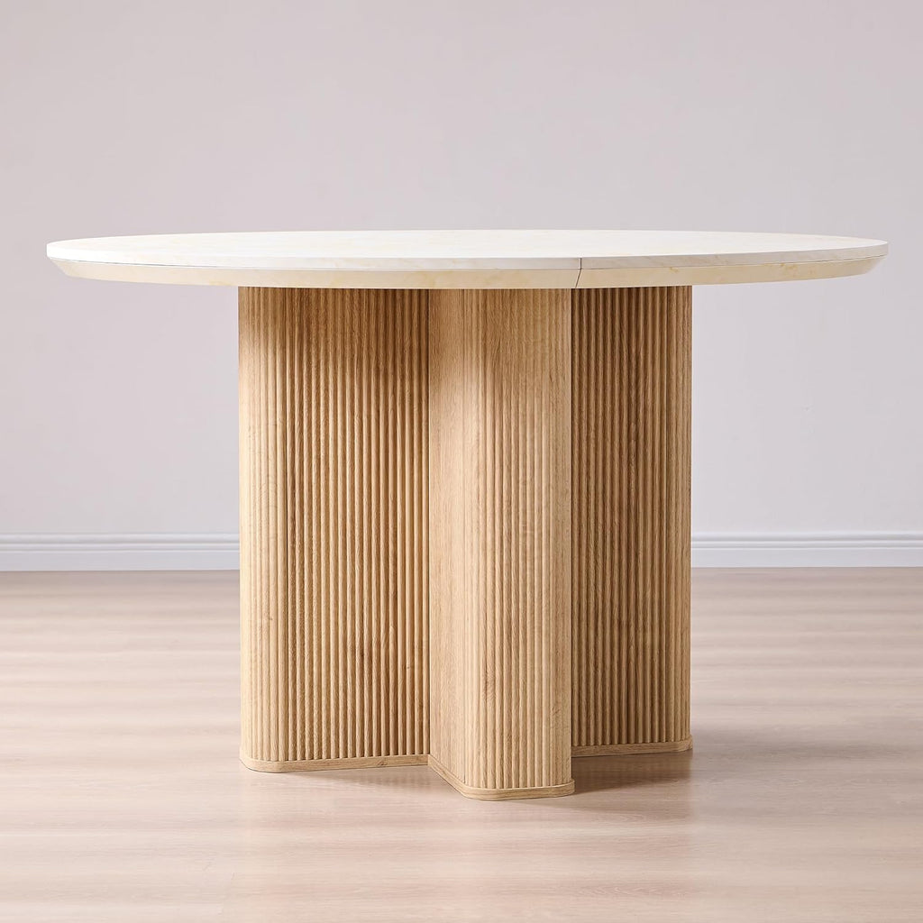 OKD Fluted Round Dining Table for 4, 47" Modern Kitchen Table with Thickened Edge & Sturdy Pedestal Base for Kitchen Living Room,Marble & Natural Oak(Table Only)