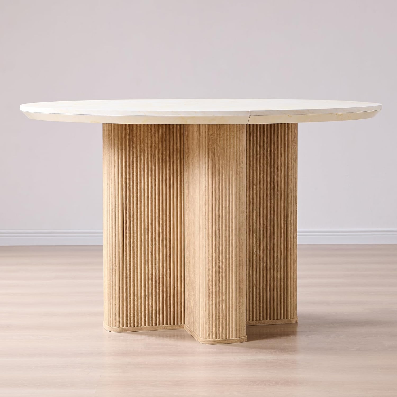 OKD Fluted Round Dining Table for 4, 47" Modern Kitchen Table with Thickened Edge & Sturdy Pedestal Base for Kitchen Living Room,Marble & Natural Oak(Table Only)