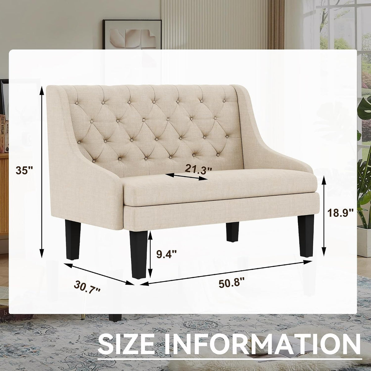 Settee Bench with Back Small Loveseat for Dining Room Living Room Entryway Modern Upholstered Banquette Button Tufted Mini Couch with Wood Legs Cream
