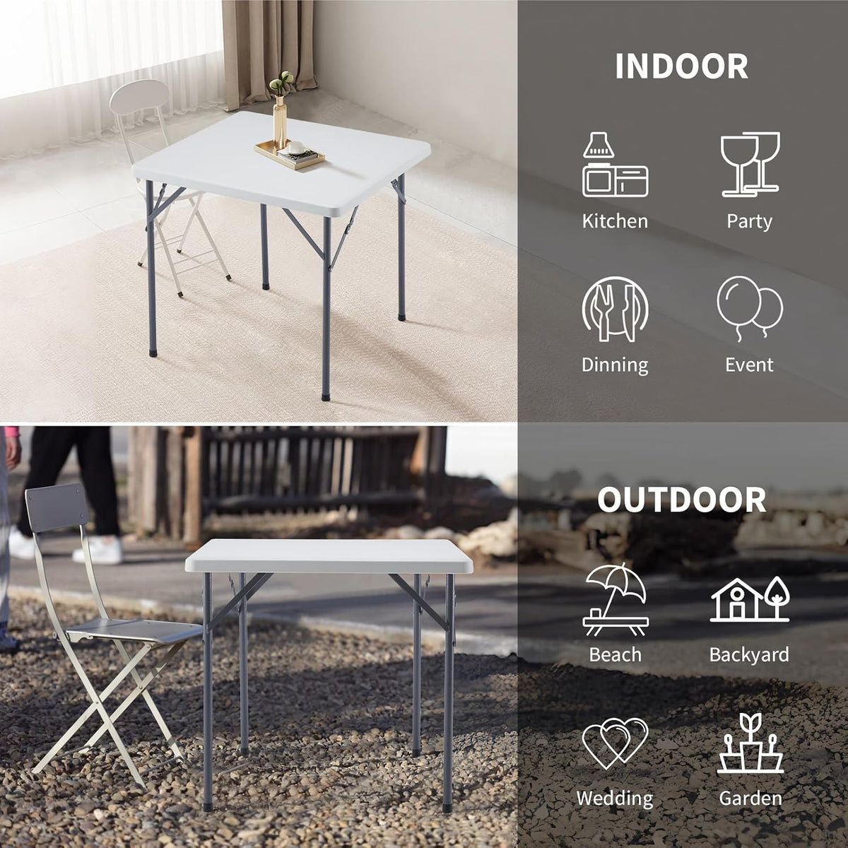 BOOSDEN 32 Inch Square Folding Table, Lightweight Card Table for Indoor Outdoor, Portable Utility Foldable Tables with Collapsible Legs, Plastic Table for Puzzles, Game, Crafting, Camping,Party,Picnic
