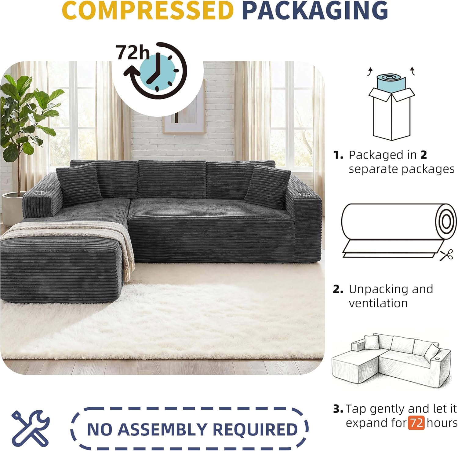 Shintenchi 103" Couches for Living Room with 2 Cup Holders,L Shaped Modular Sectional Sofa Set,No Assembly Needed Plush Corduroy Living Room Set,Dark Gray