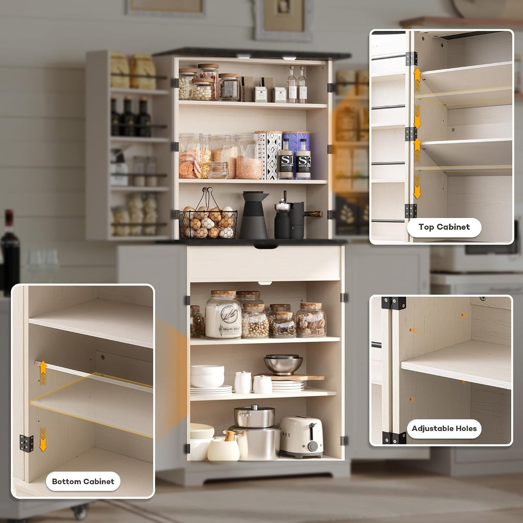 COSIEST 72'' Kitchen Pantry Cabinet, Tall Kitchen Storage Cabinet with Organizer, Drawer and Adjustable Shelves, Freestanding Cupboard, Storage Cabinets for Kitchen, Dining Room, Off White