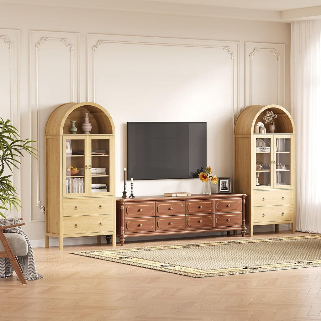 71" Display Arched Storage Cabinet, Kitchen Pantry with Tempered Glass Doors, 2 Large Drawers and Adjustable Shelves, Arched Bookshelf Cabinet for Dining Room Kitchen Office- Natural