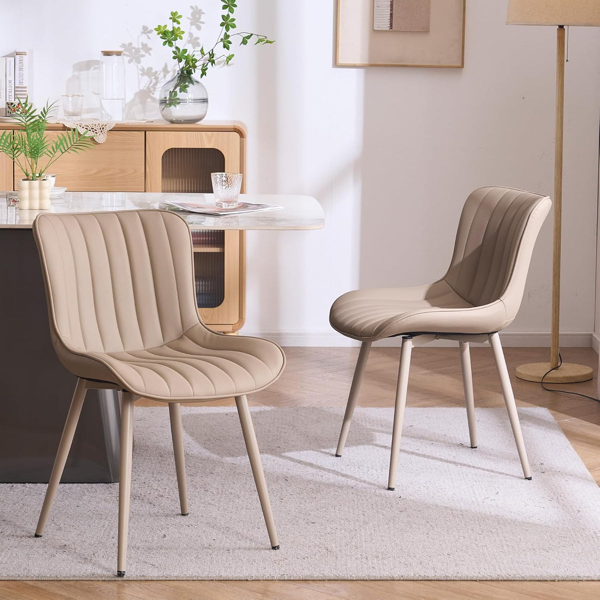 YOUNUOKE Mid-Century Modern Dining Chairs Set of 2, Khaki PU Leather Upholstered Kitchen Chairs with Khaki Metal Legs, Armless Accent Chair for Dining Room, Guest Reception Room