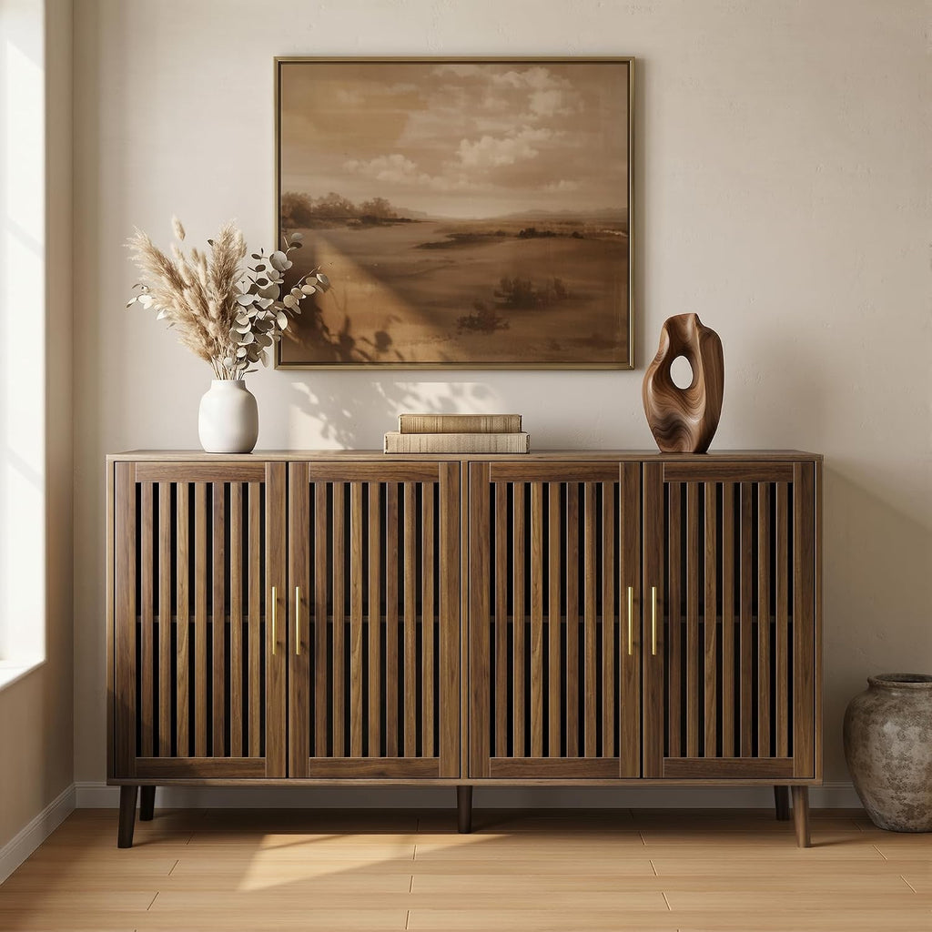 Smart FENDEE 63" Long Sideboard Buffet with 4 Slatted Doors, Farmhouse Buffet Storage Cabinet with Adjustable Shelf, Coffee Bar Cabinet for Entryway, Kitchen, Dining Room, Living Room, Walnut Color