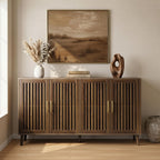 Smart FENDEE 63" Long Sideboard Buffet with 4 Slatted Doors, Farmhouse Buffet Storage Cabinet with Adjustable Shelf, Coffee Bar Cabinet for Entryway, Kitchen, Dining Room, Living Room, Walnut Color