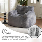 Hobestluk Furry Bean Bag Chair with Arms, Foam Filler for Adult, Grey | Soft Faux Fur Cover, High-Density Resilient Foam, Wide Backrest & Arm-rest, Carrying Handle, Fits Small Spaces, No Assembly