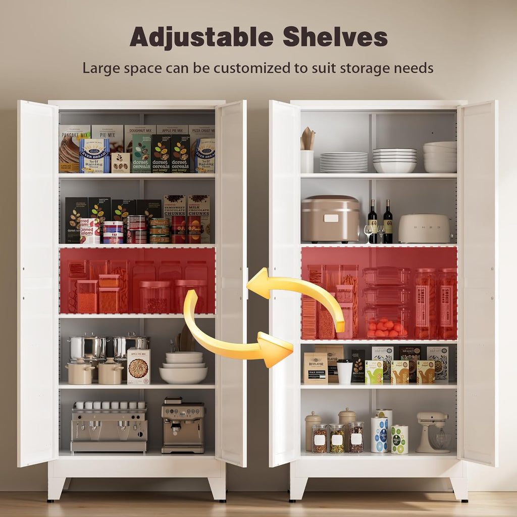 71" Tall Metal Pantry Cabinet, Kitchen Storage Cabinet with 2 Doors and 4 Adjustable Shelves for Kitchen, Living Room, Dining Room, Bathroom and Home, Office (White, 1PC)