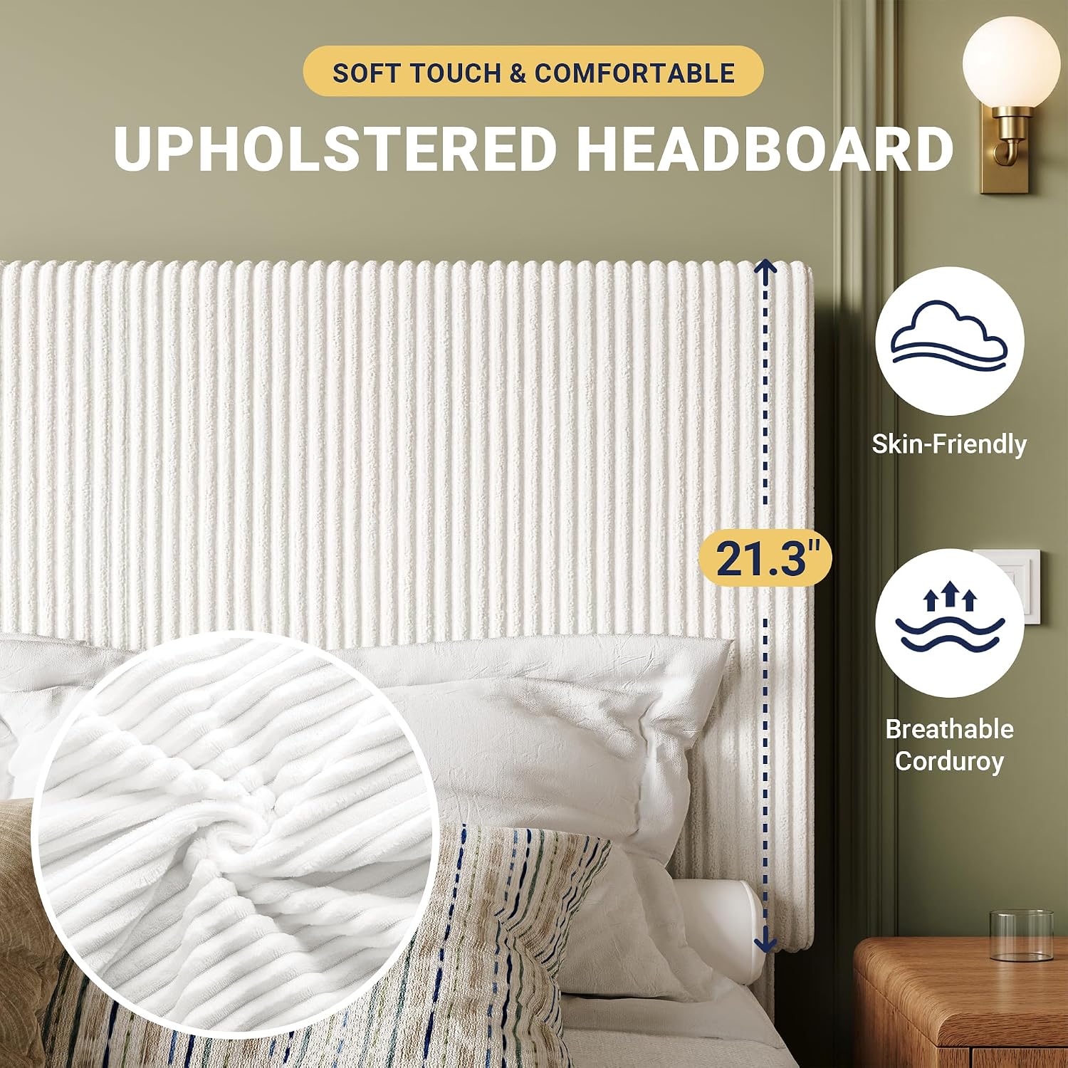 Allewie Queen Bed Frame, Adjustable Corduroy Headboard, Platform, White