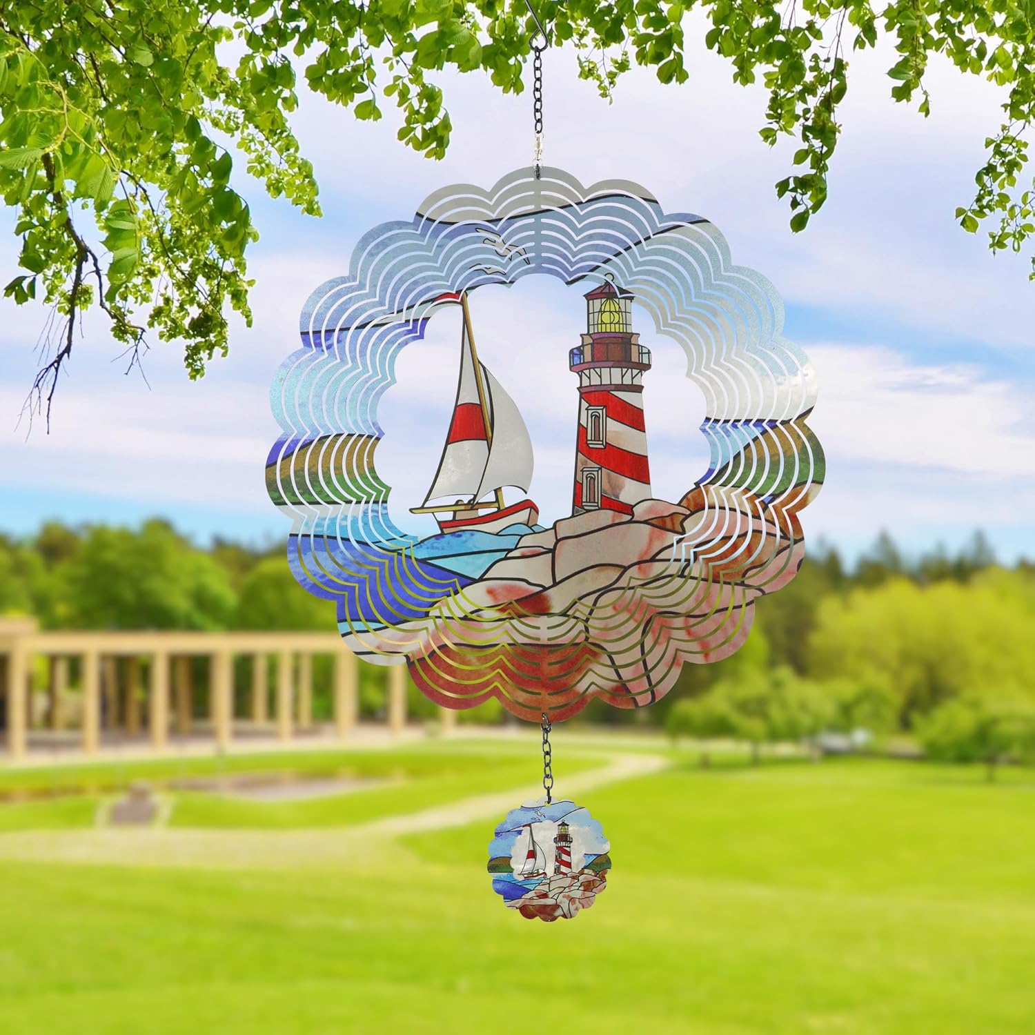Lighthouse 3D Wind Spinner Kinetic Metal Art Hanging Wind Spinner Outdoor Decoration Ocean Ornaments Decor for Yard and Garden