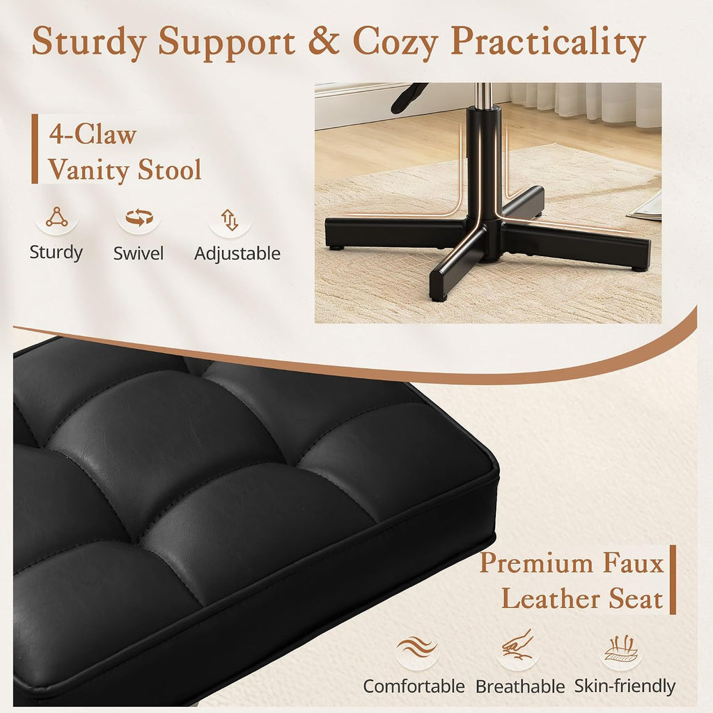 LUE BONA Adjustable Vanity Stool, Foot Rest Under Desk, 360° Swivel Vanity Chair for Makeup Room, Black Upholstered Faux Leather Ottoman for Bathroom & Living Room, 300lbs