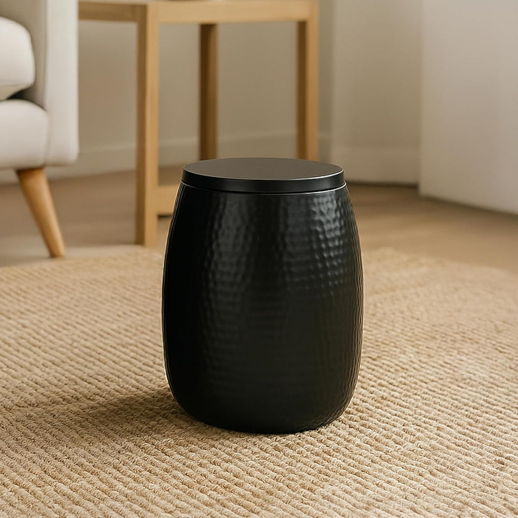Eyely SSL2001A Estelle 15" Modern Rustic Hammered Metal Drum Storage Side Table with Lid, End Table for Decoration in Living Room, Bedroom, Bathroom, Matte Black