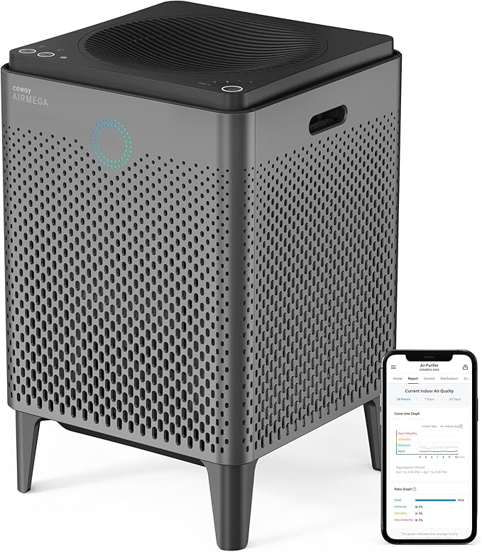 COWAY Air Purifier for Large Room Whole Home Up to 3,120ft², HEPA Filter for Smoke, Allergies, Pet Dander, Odor, App-Enabled, AQI, Smart Mode, Timer, 5yr Warranty, Airmega 400S Graphite
