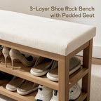 Zihanhome 2 Tier Shoe Rack Bench with Cushion, Solid Wood Shoe Benches, Mid-Century Modern Shoe Storage Bench for Entryway, Hallway, Living Room, Closet, Front Door Entrance, (Beige, 39.4")