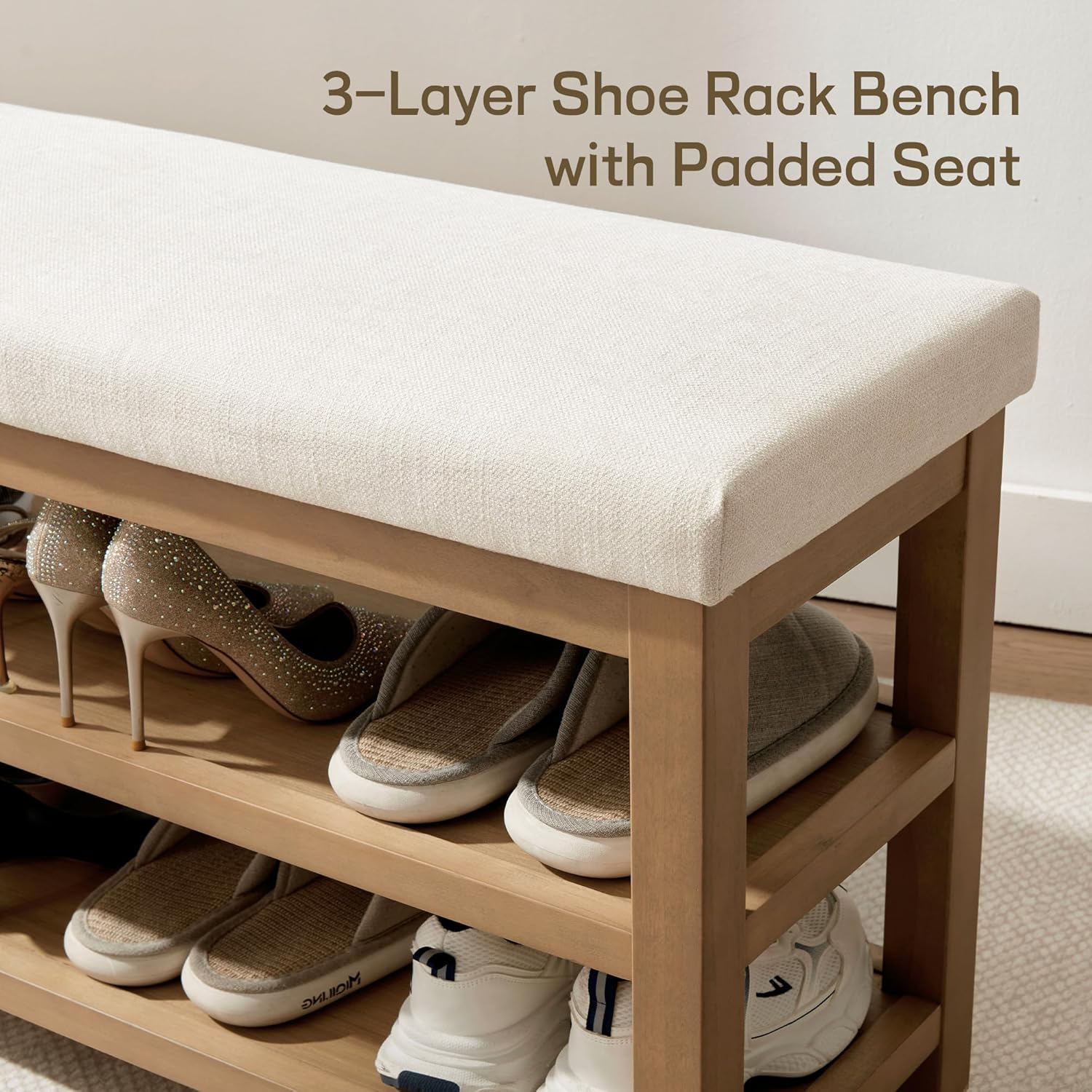Zihanhome 2 Tier Shoe Rack Bench with Cushion, Solid Wood Shoe Benches, Mid-Century Modern Shoe Storage Bench for Entryway, Hallway, Living Room, Closet, Front Door Entrance, (Beige, 39.4")