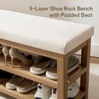 Zihanhome 2 Tier Shoe Rack Bench with Cushion, Solid Wood Shoe Benches, Mid-Century Modern Shoe Storage Bench for Entryway, Hallway, Living Room, Closet, Front Door Entrance, (Beige, 46.5")