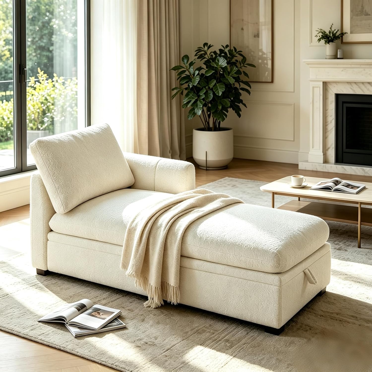 VANOMi Oversized 70.47'' Chaise Lounge Chair with Storage, Boucle White | Upholstered Sofa Bed with Thick Cushion, Left Armrest, Leisure Recliner Chair for Living Room, Bedroom, Indoor, Back Pillow