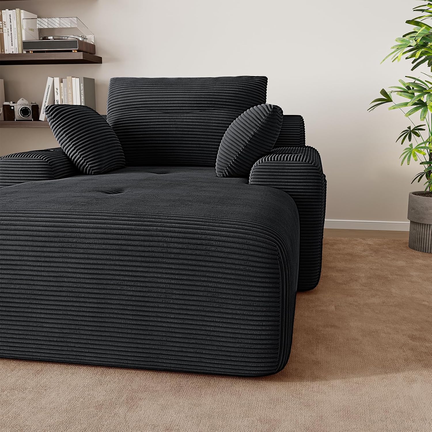69” Oversized Chaise Lounge Chair Indoor, Soft Floor Chaise Lounge Reading Chairs with 4 Side Pockets and 2 Cup Holders, Comfy Corduroy Sleeper Sofa Bed for Living Room Bedroom, Black