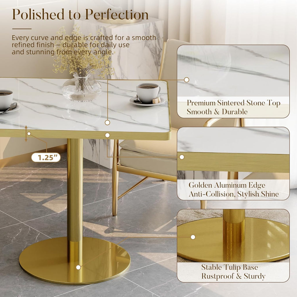 31.5'' Square Modern Dinning Table with Sintered Stone Tabletop, Golden Edge & Pedestal Base, Bistro Tulip Table for 2-4 Person for Dining Room/Cafe/Small Spaces/Restaurant (Snow Peak Marble)