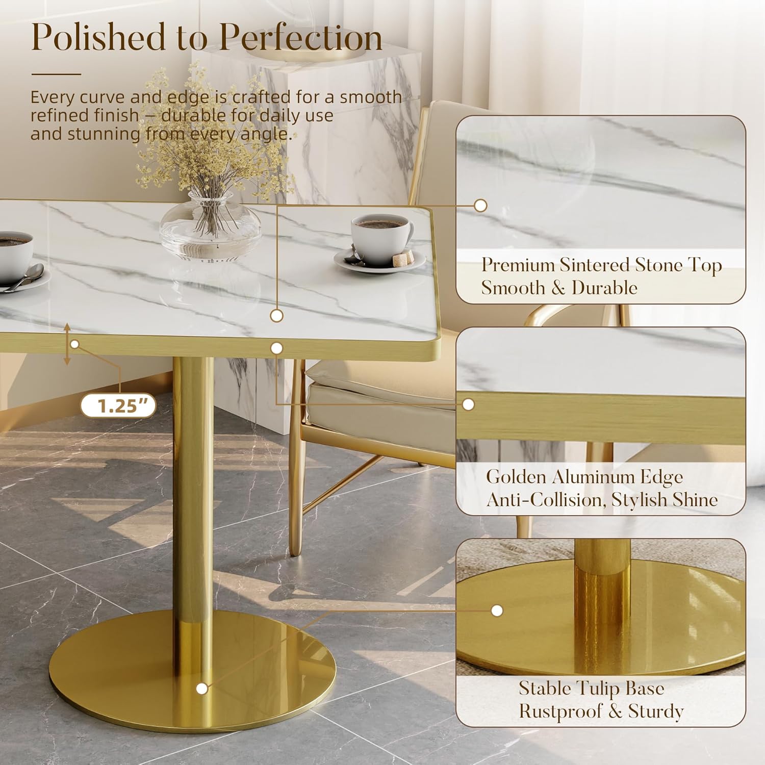 31.5'' Square Modern Dinning Table with Sintered Stone Tabletop, Golden Edge & Pedestal Base, Bistro Tulip Table for 2-4 Person for Dining Room/Cafe/Small Spaces/Restaurant (Snow Peak Marble)