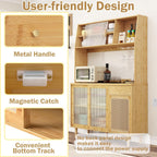 LOKO 69” Tall Bamboo Pantry Cabinet with Hutch, Kitchen Buffet Sideboard with Tempered Glass & PE Rattan Doors, Microwave Shelf, Glass Holder, Floor Cupboard Wine Bar Cabinet, Natural