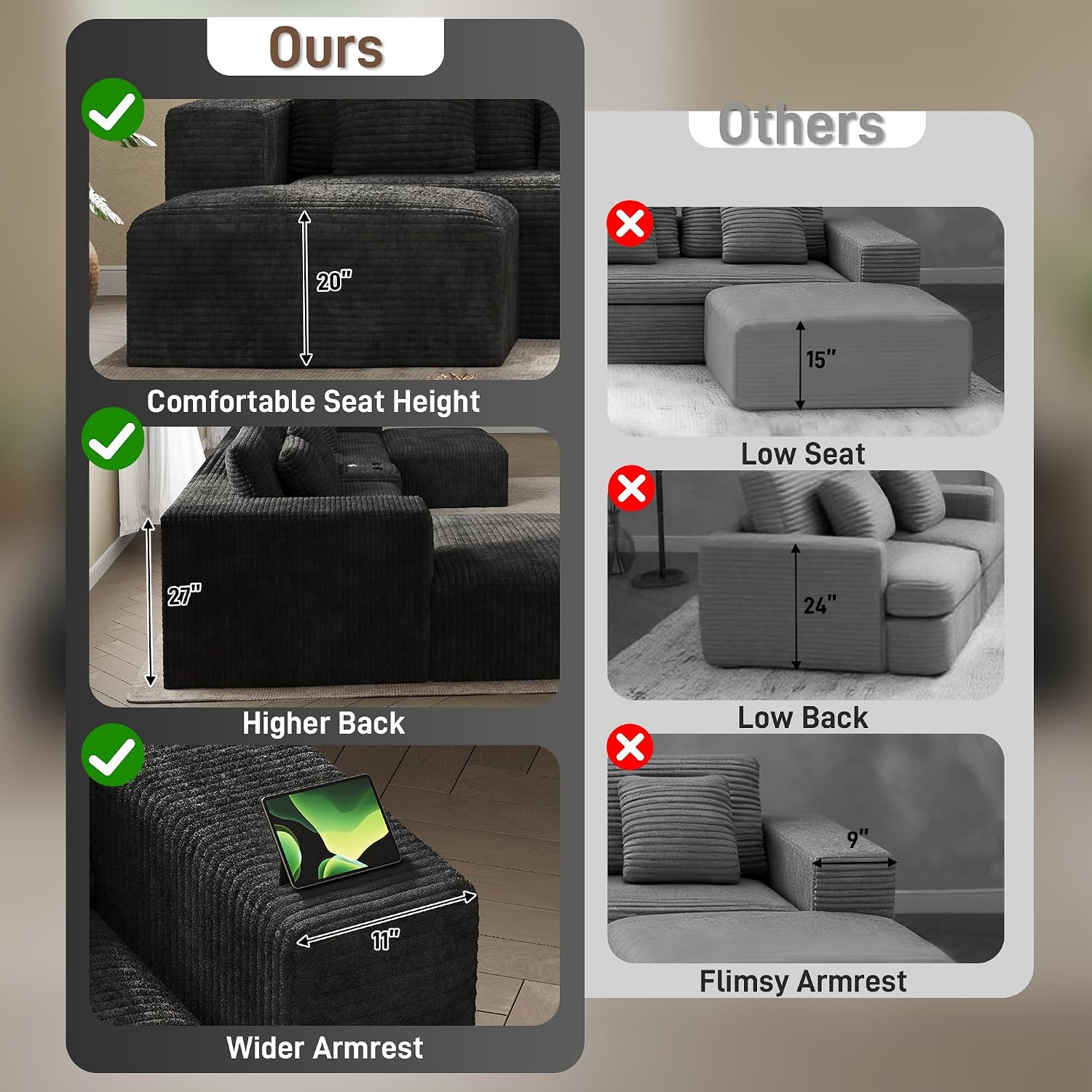 151" U Shaped Cloud Sectional Couch Modular Sofa, Comfy Oversized Couches for Living Room, Plush Corduroy Sectional Sofa Set with Ottoman Storage Console USB, Olive Dark Gray
