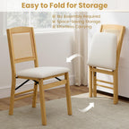 KOTEK Folding Dining Chairs Set of 2, Wooden Kitchen Chairs with Padded Seat & Rattan Backrest, Foldable Armless Side Chairs for Dining Room, Living Room (Natural & Beige)