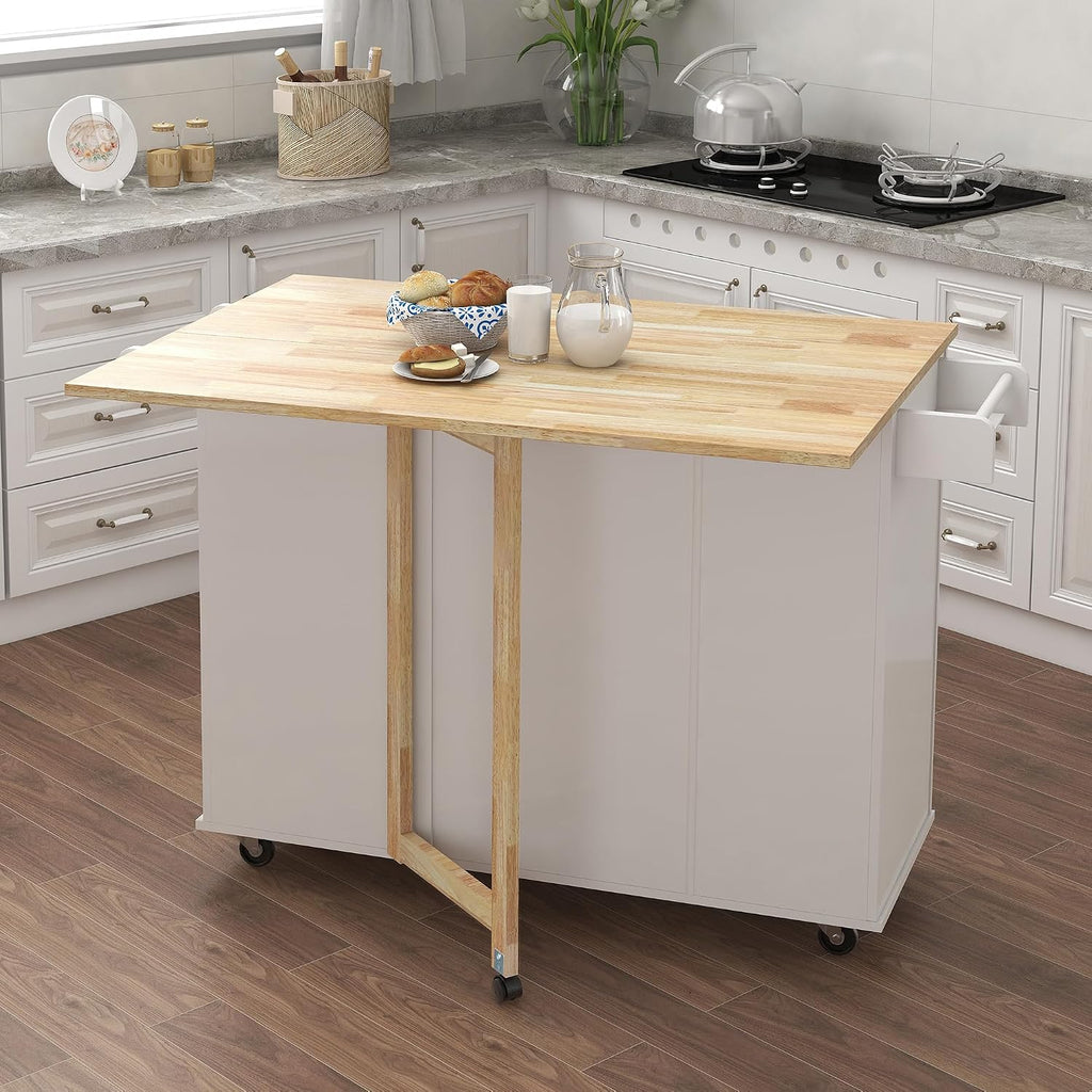 Kitchen Island with Spice Rack, Towel Rack and Extensible Solid Wood Table | Includes extensible solid wood table top and three drawers with cabinet door