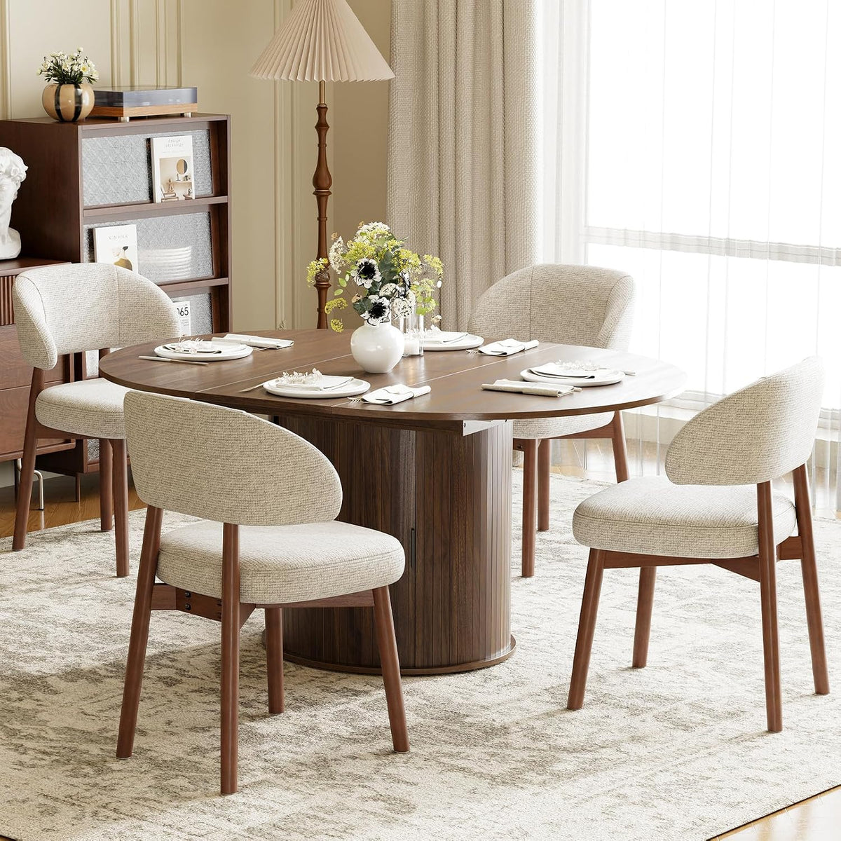 MALOL 47"-63" Extendable Round to Oval Dining Room Table Chairs Set for 4-8, Modern Wooden Kitchen Table and Chairs with Hidden Storage and Fluted Design for Dining Room/Small Space(Walnut and Beige)