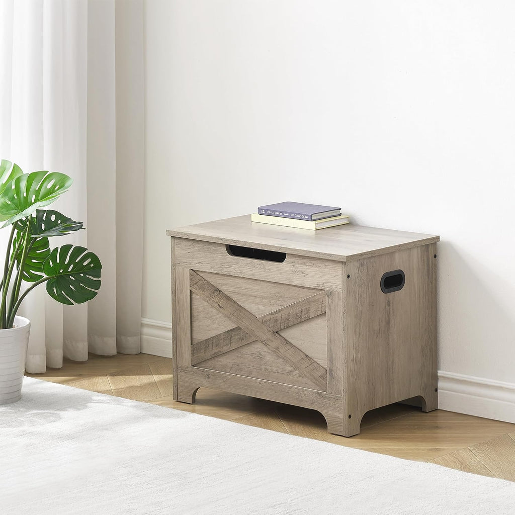 IDEALHOUSE 23.6" Storage Bench with 2 Safety Hinges, Grey | Retro Wooden Storage Chest, Loads 300 lb, Easy Assembly, Storage Ottoman Bench for Bedroom Entryway Living Room