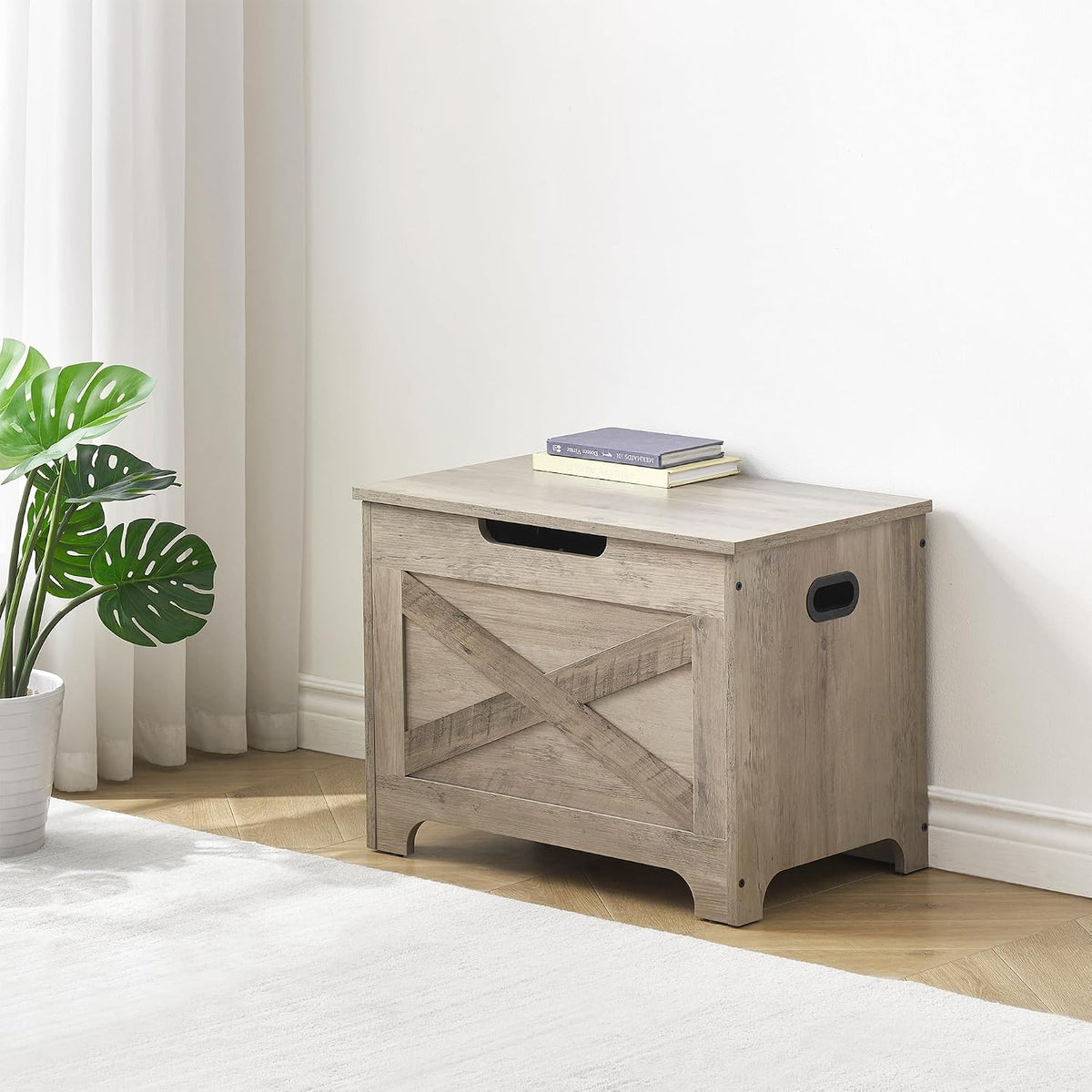 IDEALHOUSE 23.6" Storage Bench with 2 Safety Hinges, Grey | Retro Wooden Storage Chest, Loads 300 lb, Easy Assembly, Storage Ottoman Bench for Bedroom Entryway Living Room