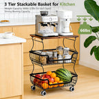 Pantry Floor Organizeron with Wheels, 3 Tier Rolling Fruit Vegetable Basket for Kitchen Stackable Wire Basket Stand for Home Removable Metal Vegetable Rack Wire Snack Cart