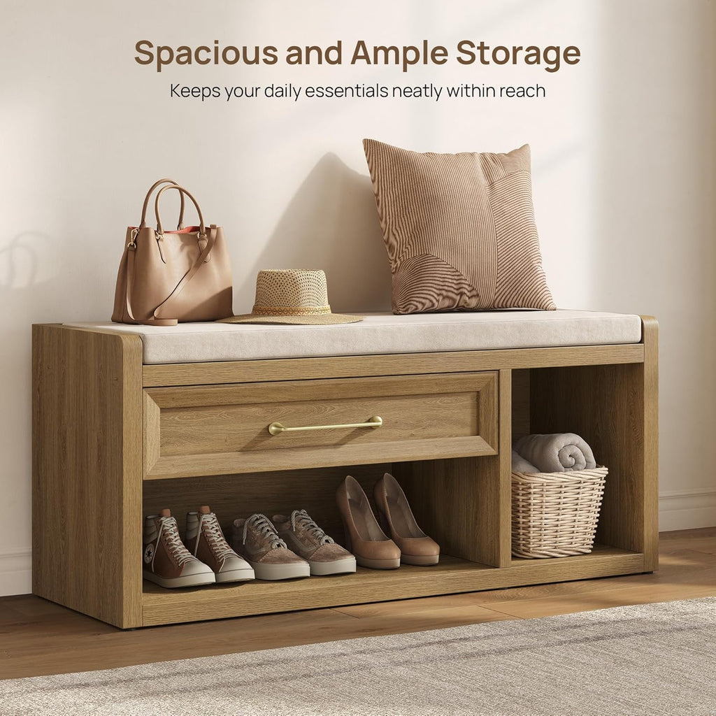 SICOTAS Shoe Bench with Storage, 43.3" Extra Wide Farmhouse Entryway Bench with Cushion, Drawer & Tall Boot Shelf, 18.9" Comfort Height Seat, Large Storage Bench for Bedroom Hallway Mudroom,Brown Oak