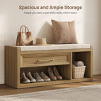 SICOTAS Shoe Bench with Storage, 43.3" Extra Wide Farmhouse Entryway Bench with Cushion, Drawer & Tall Boot Shelf, 18.9" Comfort Height Seat, Large Storage Bench for Bedroom Hallway Mudroom,Brown Oak