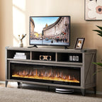 AMERLIFE 65" Fireplace TV Stand with 60" Glass Electric Fireplace, Industrial & Farmhouse Media Entertainment Center with Open Shelve Storage for TVs Up to 75", TV Console for Living Room, Light Gray